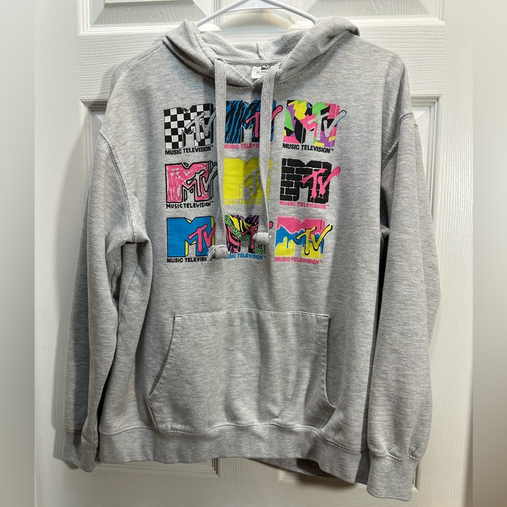 MTV Neon Multi-Color Logo Hoodie in Light Gray
